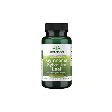 Green bottle of Swanson's Gymnema Sylvestre Leaf supplement offers 100 capsules of 400 mg each, supporting healthy blood glucose levels and rooted in Ayurvedic principles.